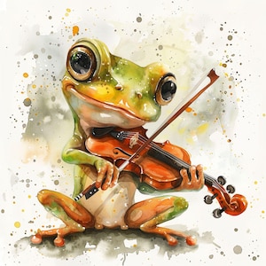 Frog Playing Violin Watercolor Clipart (JPG Image)