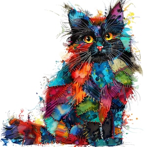 12 FLUFFY PATCHWORK CAT Cliparts, png patchwork cat image, patchwork cat wall art, cute cat picture, patchwork art, cat illustration