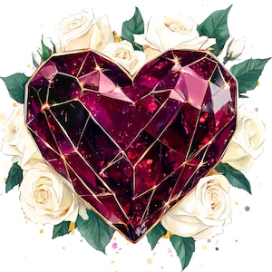 May include: A digitally illustrated heart-shaped gemstone in shades of deep red and gold, surrounded by white roses and green leaves. The gemstone has a faceted design, and the roses are in full bloom, creating a romantic and elegant composition.