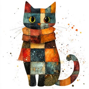 Op de afbeelding: Een patchworkkat met een kleurrijke sjaal, geïllustreerd in aquarelstijl met een witte achtergrond en oranje en bruine spetters.