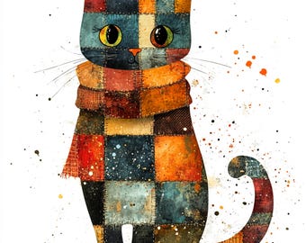 Watercolor Cat Patchwork Clipart: Vintage Scrapbooking Art (Digital Download), Spring Clipart