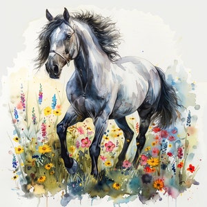 Watercolor Horses Clipart: Floral Meadow, Polished White Horses (Digital Download)