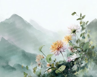 水彩画の山の風景クリップアート：野花の草原 JPG（商用利用、即時