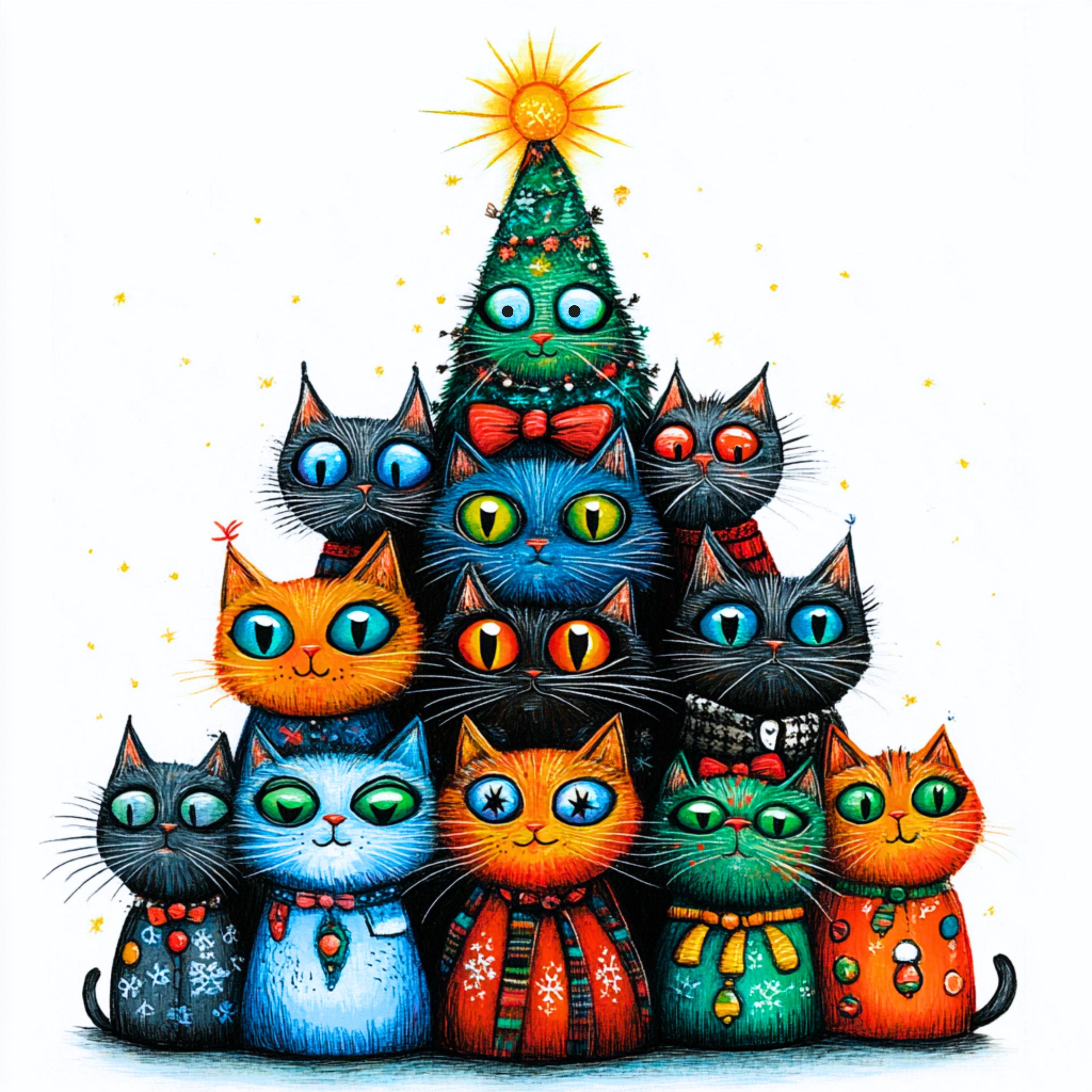 絵画。原画【かわいい猫たちはきれいなクリスマスツリーを飾った】 風変わりな猫のクリスマスツリーのクリップアート：ホリデーアート