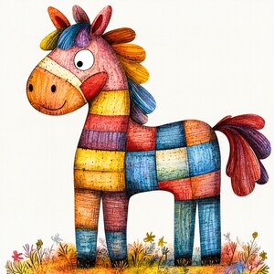 Watercolor Baby Horse Patchwork Clipart: Vintage Nursery Art (Digital Download)
