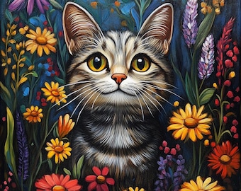 Floral Cat Clipart: Whimsical Watercolor Illustration (Digital Download), Spring Clipart