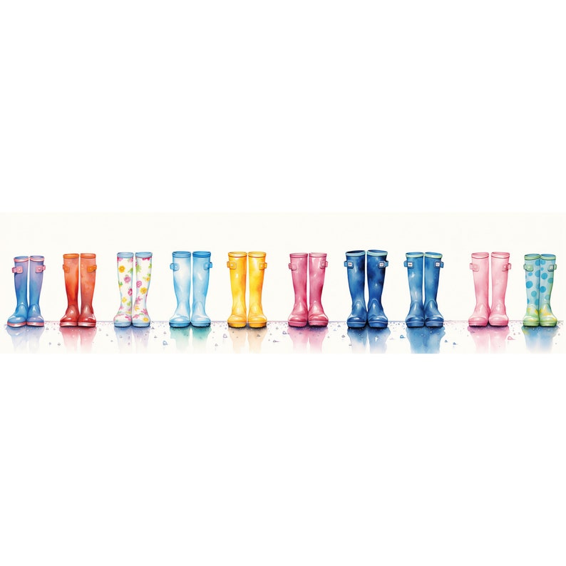 rain boots clipart, watercolor clipart, rain boots border, digital download, high-resolution JPG, scrapbooking, paper crafts, kids' invitations, whimsical designs, printable decor, commercial use, rain boot designs, watercolor elements, JPG files