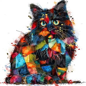 12 Cat Multi-Color Patchwork Clipart, High Quality PNG, Quilted Cat Images, Digital Download, Paper Craft, Junk Journals, Commercial Use