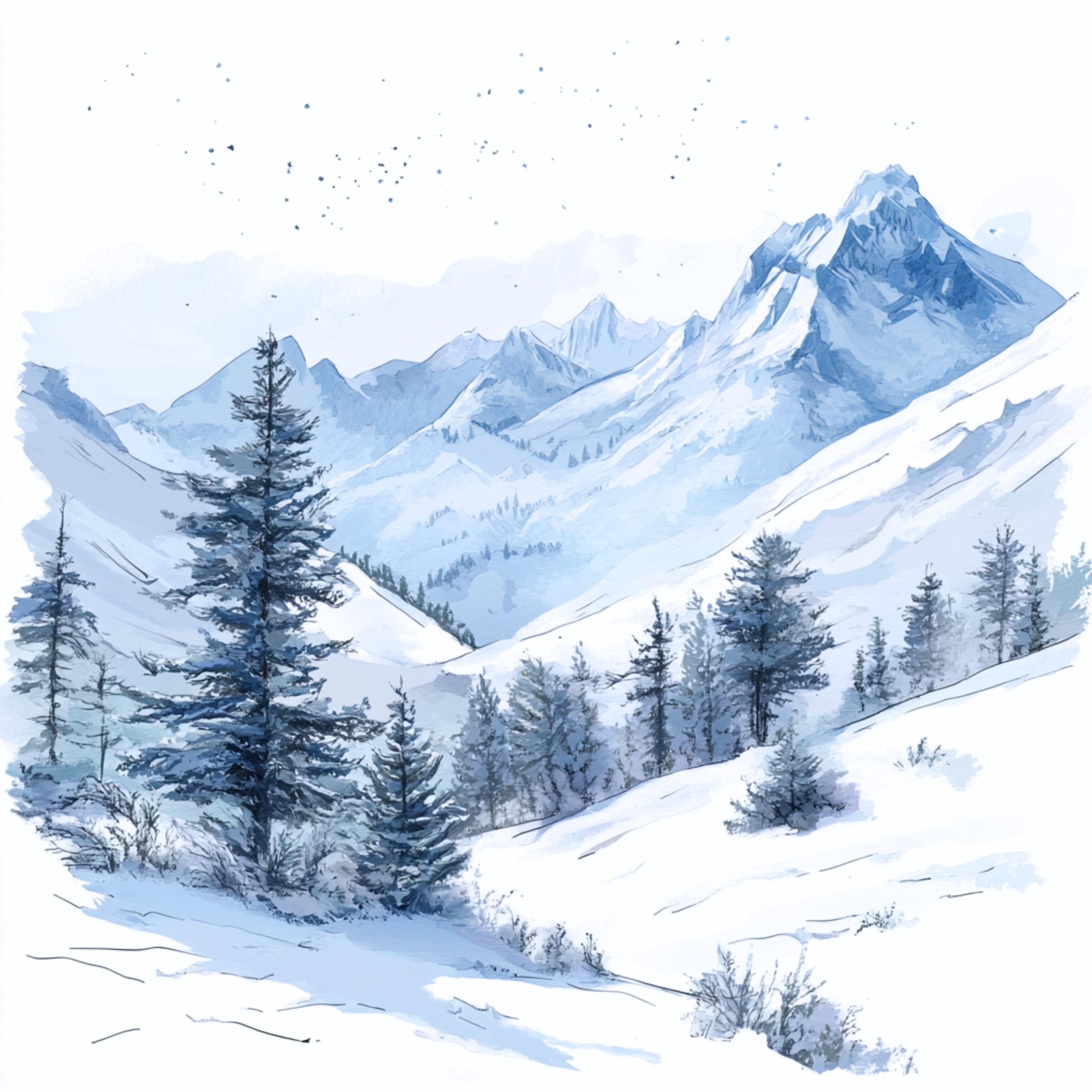 Watercolor Winter Mountain Landscape Clip Art (digital Download