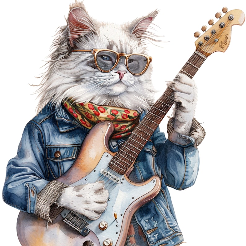 Rocker Cat Clipart: Watercolor Rockstar Musician PNG (5000x5000) - Etsy
