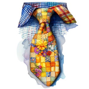 May include: A colourful patchwork tie with a blue and red checked collar. The tie is made of various fabrics and patterns, including yellow, orange, red, and blue. The tie is decorated with a cluster of flowers in the centre.