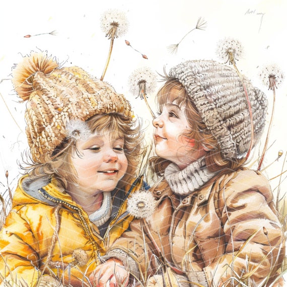 水彩画の子供向けクリップアート：タンポポの草原のイラスト（デジタル