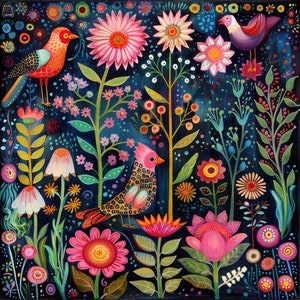 12 Uccelli Arte Popolare, Primavera Acquerello, Arte Popolare Clipart, Illustrazioni di Animali Scandinavi di Primavera Clip art, Arte Popolare Nordica dei Fiori, JPG