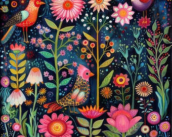 Folk Art Bird Clipart: Watercolor Scandinavian Summer Illustrations (JPG)