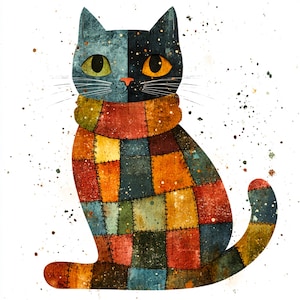 Könnte beinhalten: Eine Patchwork-Katze mit blauem und schwarzem Gesicht, die einen bunten Schal trägt. Die Katze sitzt auf einem weißen Hintergrund mit einem Farbklecks.