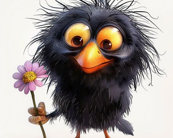 Cartoon Bird with Flower Clipart, Commercial License (PNG and JPG), Summer Clipart