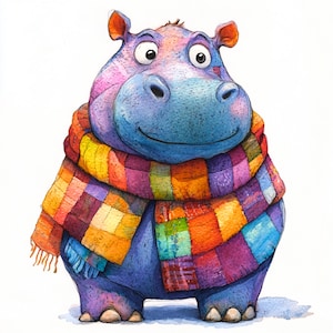 May include: A watercolour illustration of a purple hippopotamus wearing a colourful patchwork scarf. The hippopotamus has a friendly expression and is looking to the left.