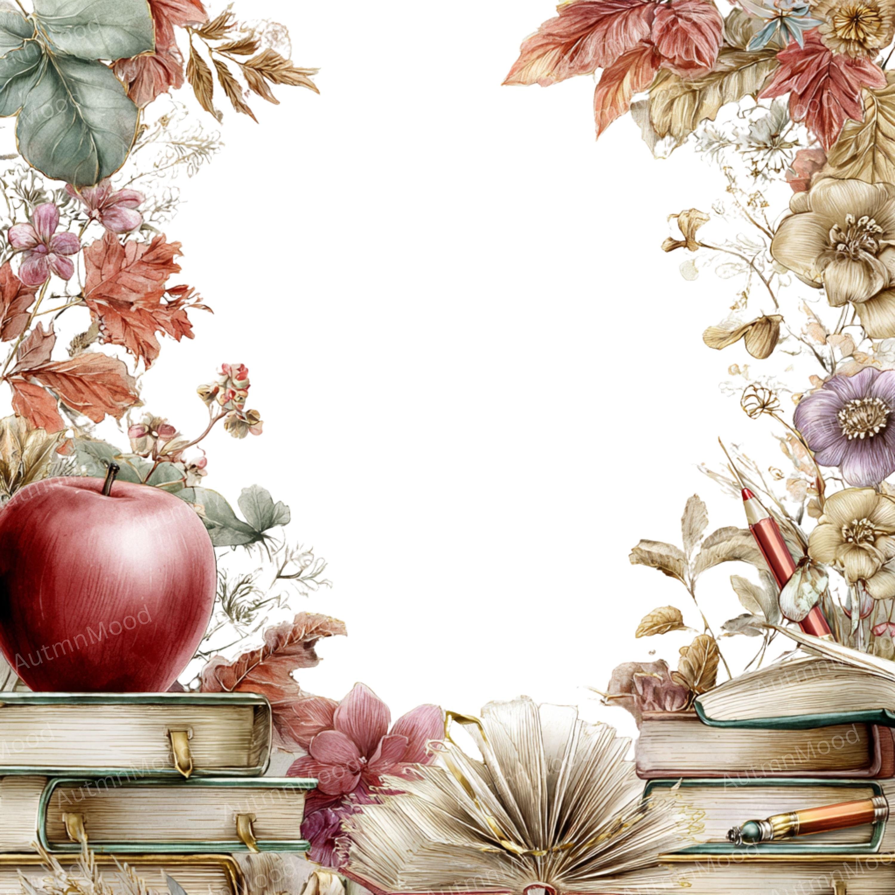 Floral Book Frame Clipart, Watercolor Flower Border PNG Set (digital ...