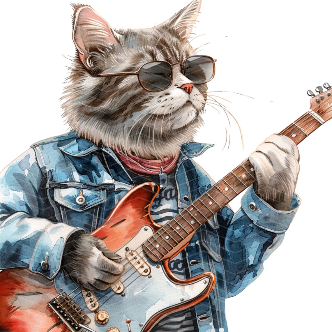 Rocker Cat Clipart: Watercolor Rockstar Musician PNG (5000x5000) - Etsy