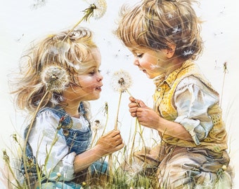 水彩画の子供向けクリップアート：タンポポの草原のイラスト（デジタル