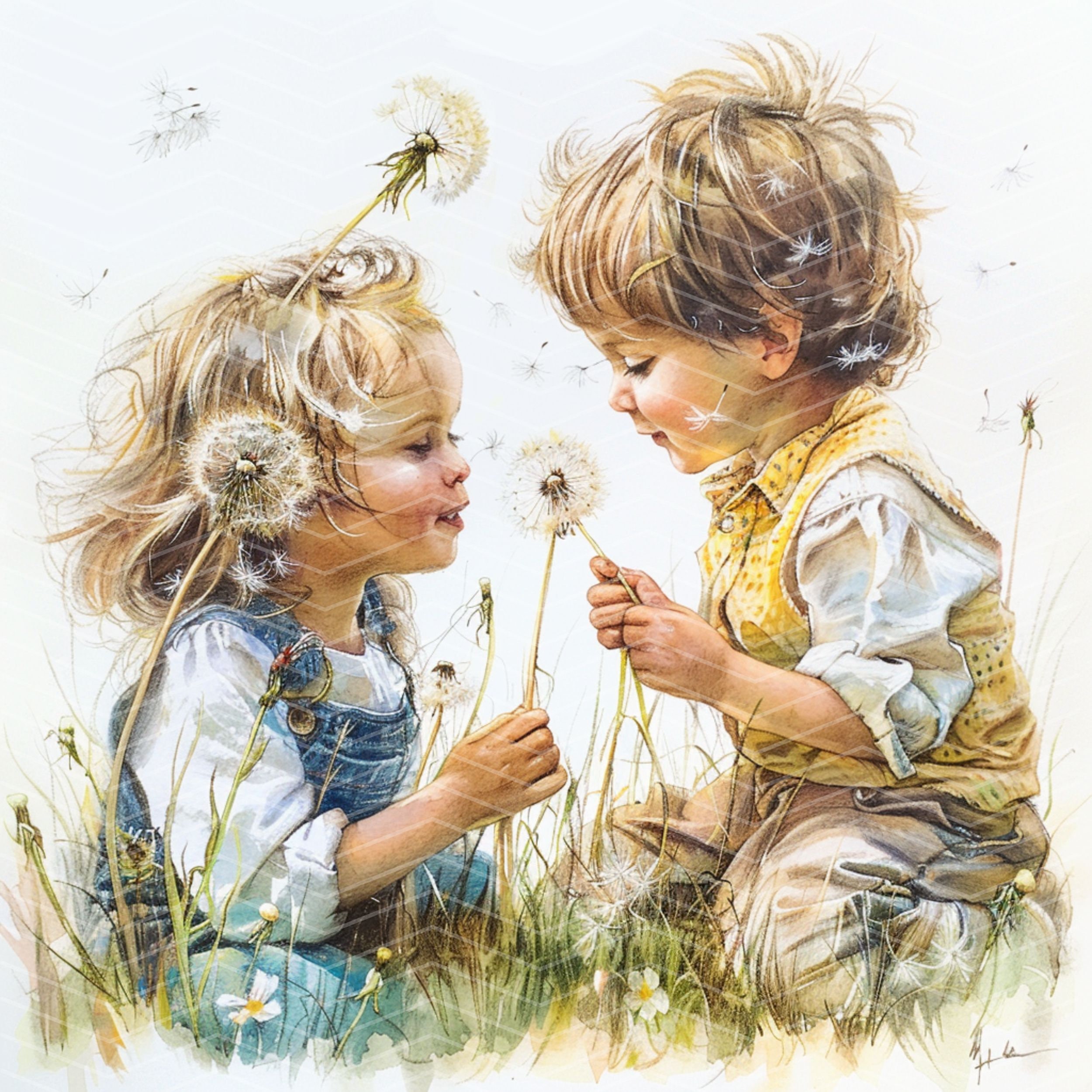 水彩画の子供向けクリップアート：タンポポの草原のイラスト（デジタル