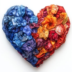 以下が含まれることがあります： 青、紫、赤、オレンジ、黄色の布の花でできたハート型の彫刻です。