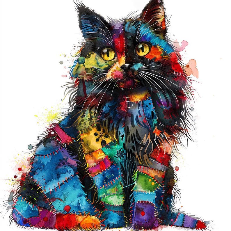 12 Cat Multi-Color Patchwork Clipart, High Quality PNG, Quilted Cat Images, Digital Download, Paper Craft, Junk Journals, Commercial Use