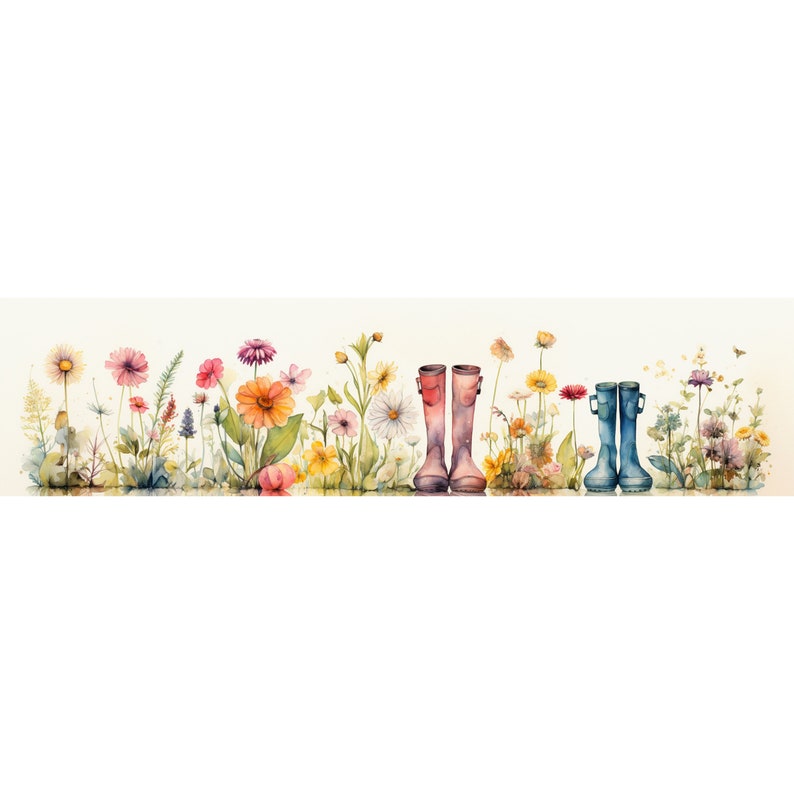 Floral Rain Boots Border Watercolor Clipart, Rain Boots Illustration, High-Resolution JPG, Watercolor Art Digital Download, Wall Art boot