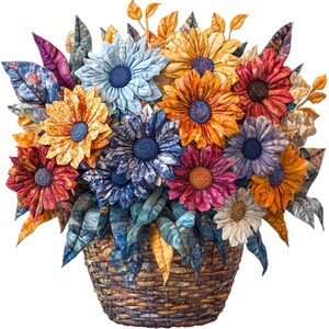 12 PATCHWORK FLOWERS in a BASKET, patchwork flowers png clipart, patchwork flowers in a basket illustration, patchwork flowers for download