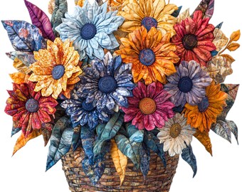 Patchwork Flowers in Basket Illustration (PNG Clipart), Summer Clipart