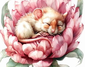 Watercolor Mouse Sleeping in Flower Clipart: Baby Nursery Art (JPG Digital Download), Summer Clipart
