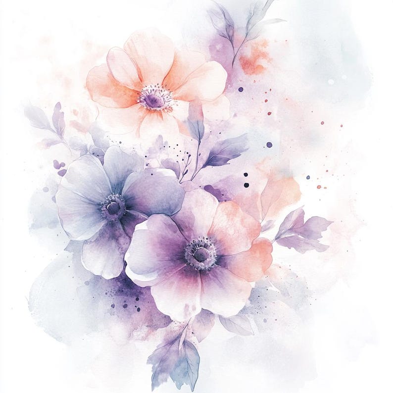 Pastel Violet Flowers Clipart: Watercolor Floral Bouquets (digital ...