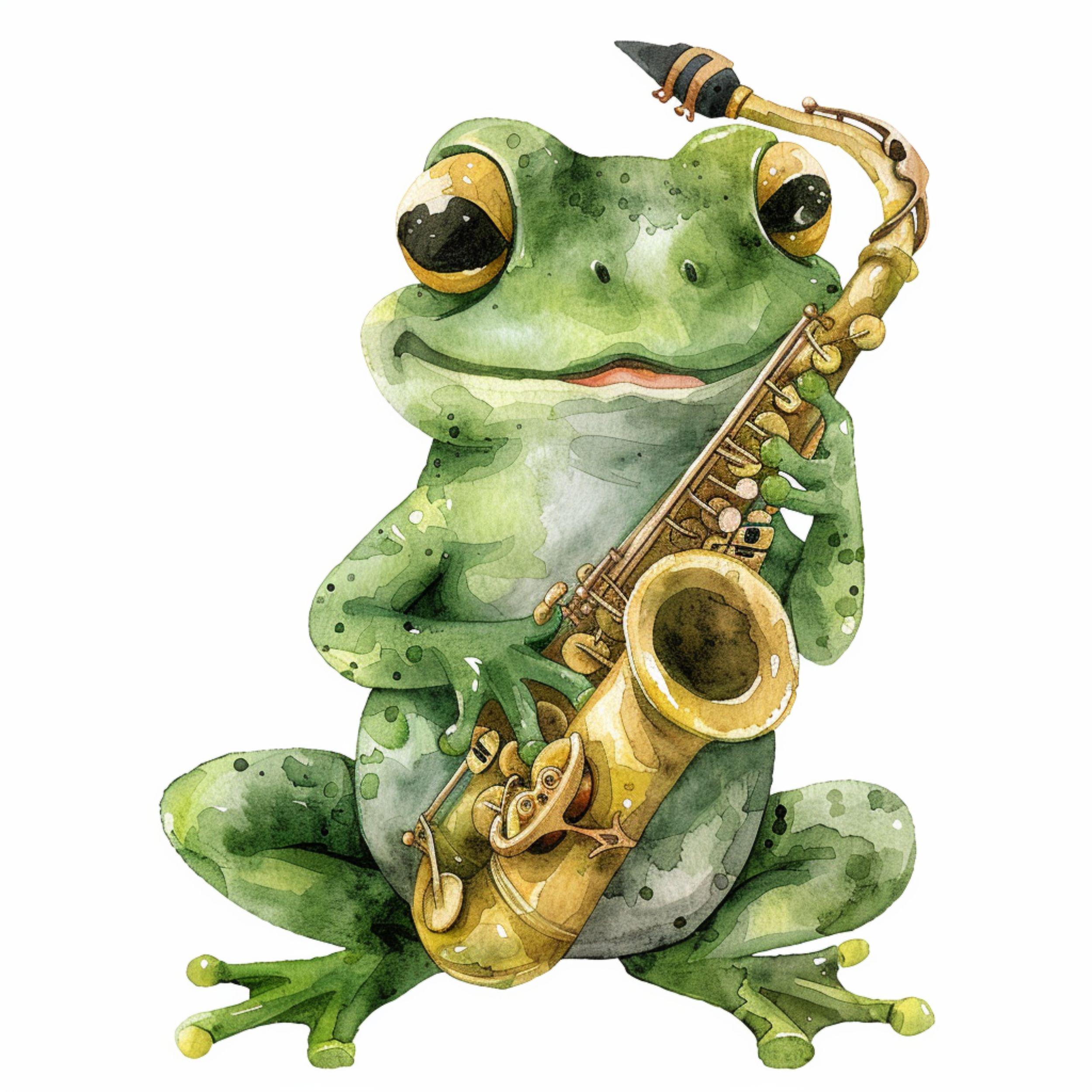 サックスを演奏するカエルの水彩画クリップアート（デジタル