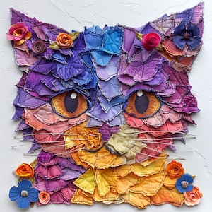 Puede incluir: Un retrato de gato colorido hecho con retazos de tela. El pelaje del gato es una mezcla de morado, rosa, naranja y amarillo. Los ojos del gato son marrones y la nariz es rosa. El gato está rodeado de pequeñas flores de tela en tonos de morado, rosa y naranja.