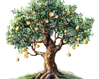 May include: A watercolor illustration of a tree with gold coins hanging from its branches. The tree has a thick trunk and roots, and the coins are scattered around the base of the tree.