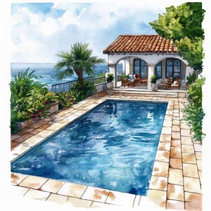 12 House Swimming Pool Clipart, Wish Map Clipart, Luxury Life Wall Art, Home Ocean view Clipart, Rich House Watercolor, Digital Download JPG