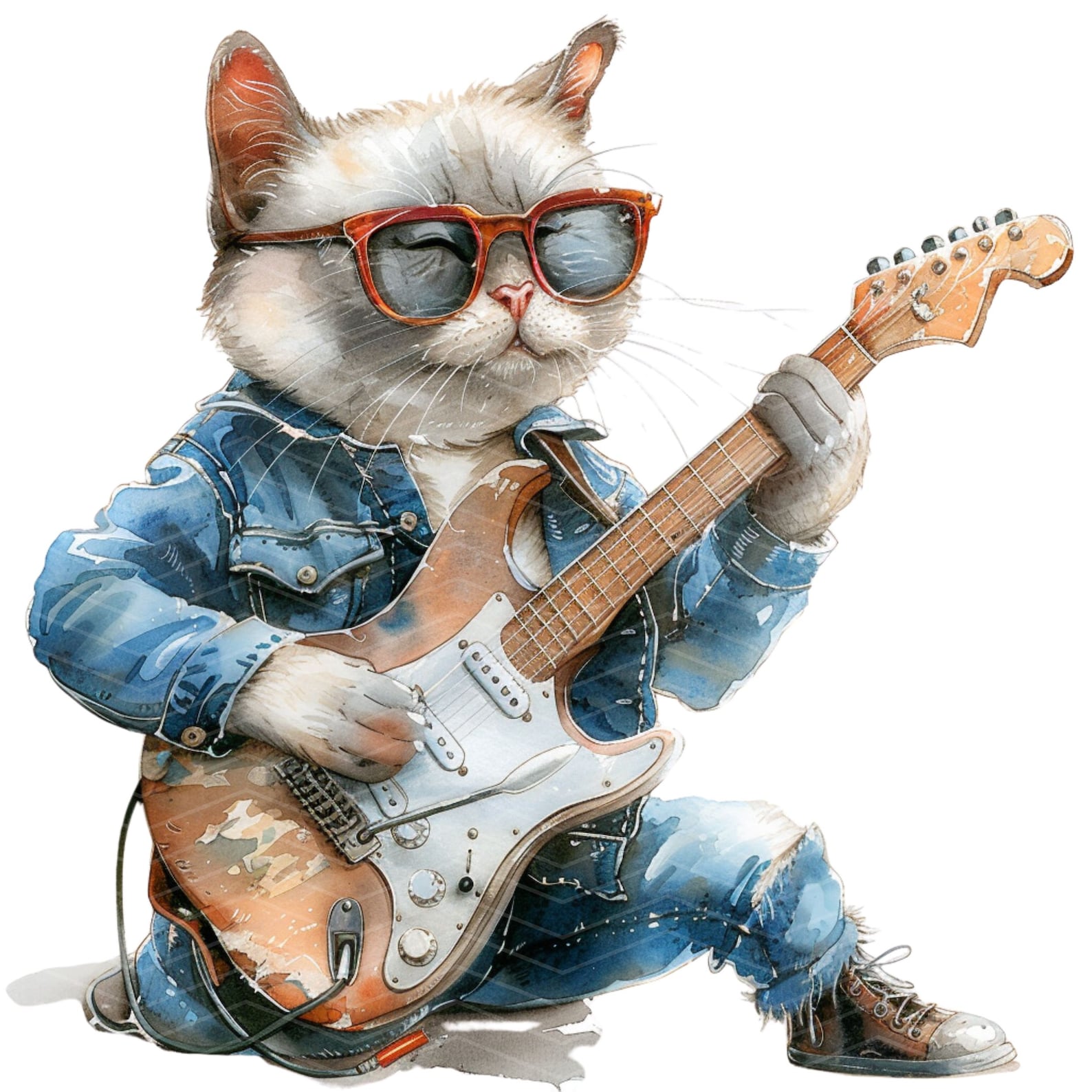 Rocker Cat Clipart: Watercolor Rockstar Musician PNG (5000x5000) - Etsy