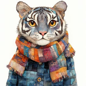 12 patchwork tijger clipart, schattige tijger in een sjaal, digitale afbeeldingen png, downloadbare tijger illustraties voor Crafts & Design, scrapbooking