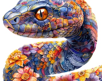 Floral Schlange Patchwork Clipart: Mystisch Reptil PNG (digitaler Download)
