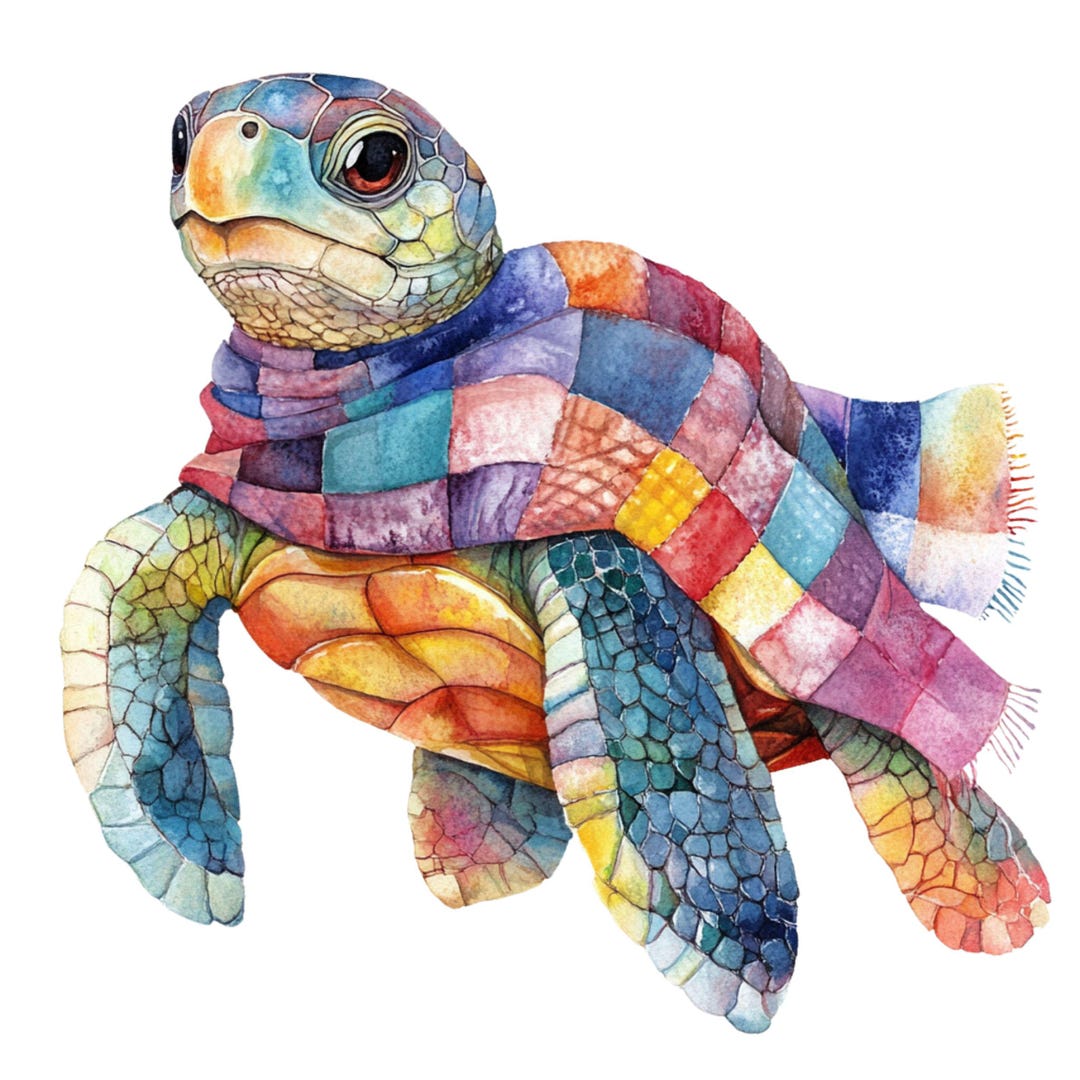 Patchwork Turtle in Scarf: Whimsical Digital Art Print (digital ...