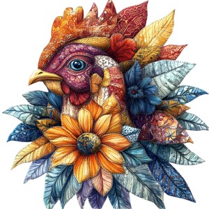 Digitale afbeelding bloemen patchwork haan, zomer clipart