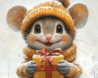 Clipart kerstmuis, feestelijk cadeau, winters tafereel (digitale download)