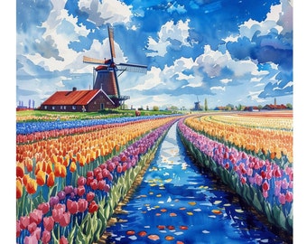 Watercolor Holland Tulips Clipart: Flower Field Images (JPG Digital Download), Summer Clipart