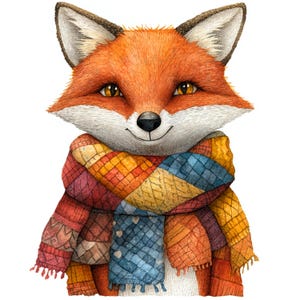 Puede incluir: Un lindo zorro naranja con una bufanda de patchwork colorida. La bufanda está hecha de diferentes telas y colores, incluyendo rojo, amarillo, azul y verde.