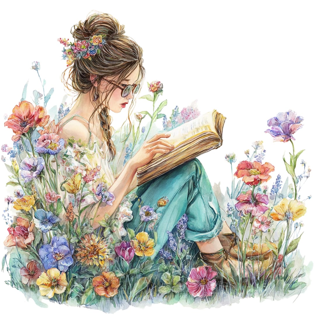 水彩画風の読書をする女の子のクリップアート：花柄の本好きアート