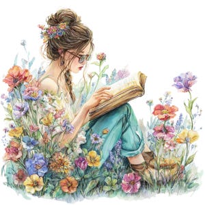 Pode incluir: Ilustração em aquarela de uma pessoa lendo um livro cercada por flores coloridas. A pessoa usa óculos, um adorno floral no cabelo e calças verde-azuis. O livro tem páginas envelhecidas, e as flores incluem flores rosas, roxas, amarelas e laranjas.