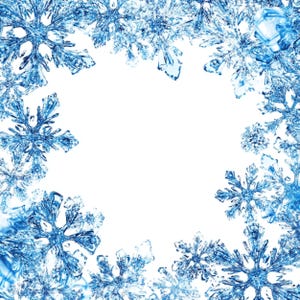 Può includere: Uno sfondo bianco con un bordo di fiocchi di neve blu. I fiocchi di neve sono disposti in un cerchio attorno al bordo dell'immagine.