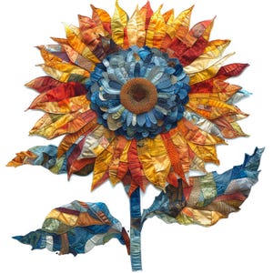 Pode incluir: Um grande girassol feito de retalhos de tecido em tons de amarelo, laranja, vermelho e azul. As pétalas são dispostas em espiral e o centro da flor é um círculo marrom escuro cercado por tecido azul.