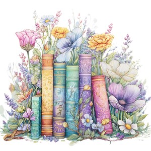 12 PNG Vintage Books With Pastel Flowers, Watercolor Book Clipart ...