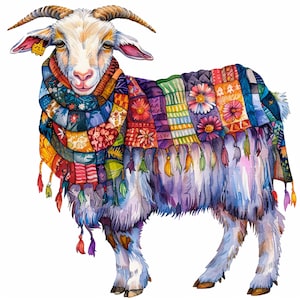Könnte beinhalten: Eine weiße Ziege, die einen bunten Patchwork-Schal mit Quasten trägt. Der Schal besteht aus vielen verschiedenen Stoffen und Farben, darunter Rot, Blau, Grün, Gelb und Lila. Die Ziege hat einen freundlichen Ausdruck und steht auf weißem Hintergrund.